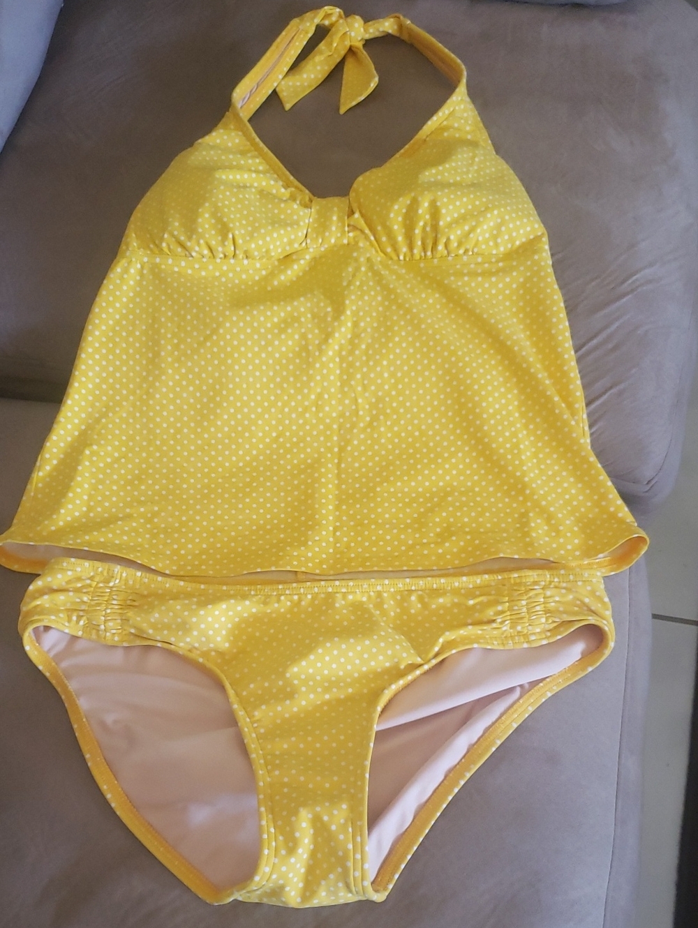 Lands' End Yellow Polka Dot Tankini Two-Piece Swim Set